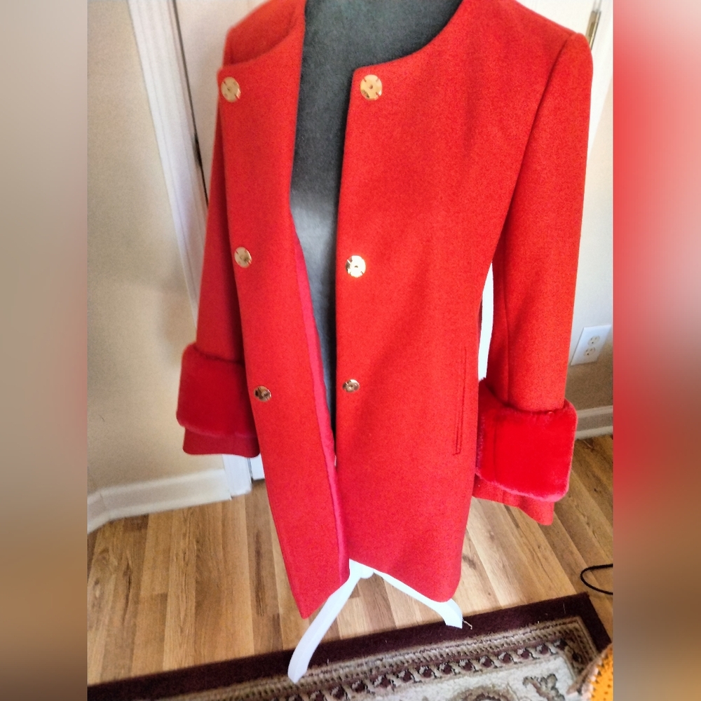 Ann Taylor Red Trench Coat with Gold Buttons